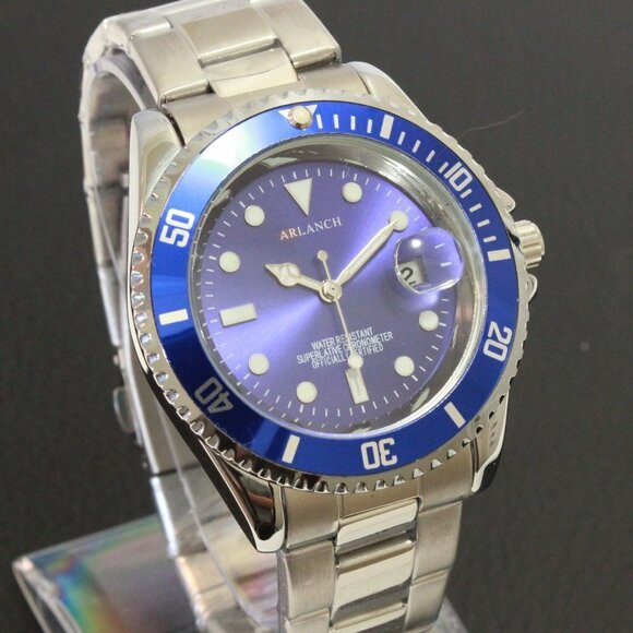 Men's Diver Style Watch Blue Uni-directional Bezel Stainless Bracelet 40mm - Picture 1 of 14